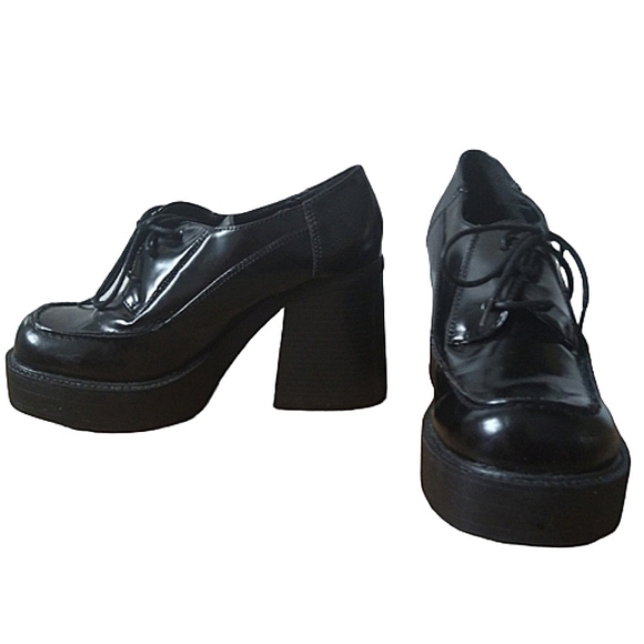 Vintage 90s Y2K Chunky Lace Up Platform Heel Oxford Loafers Round Toe Size 10 - Picture 3 of 10